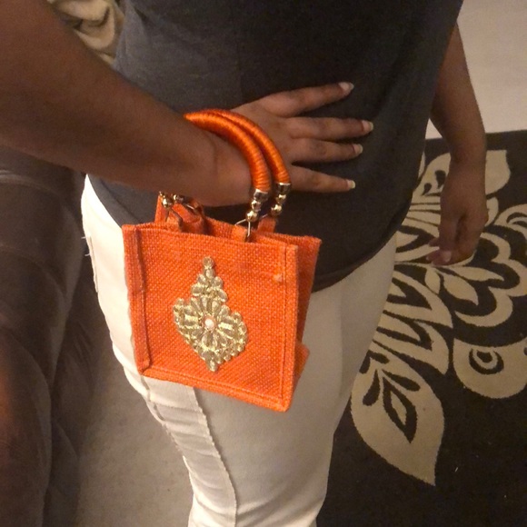 Authentic Indian Orange Bag with Gold Embroidery - Picture 2 of 2